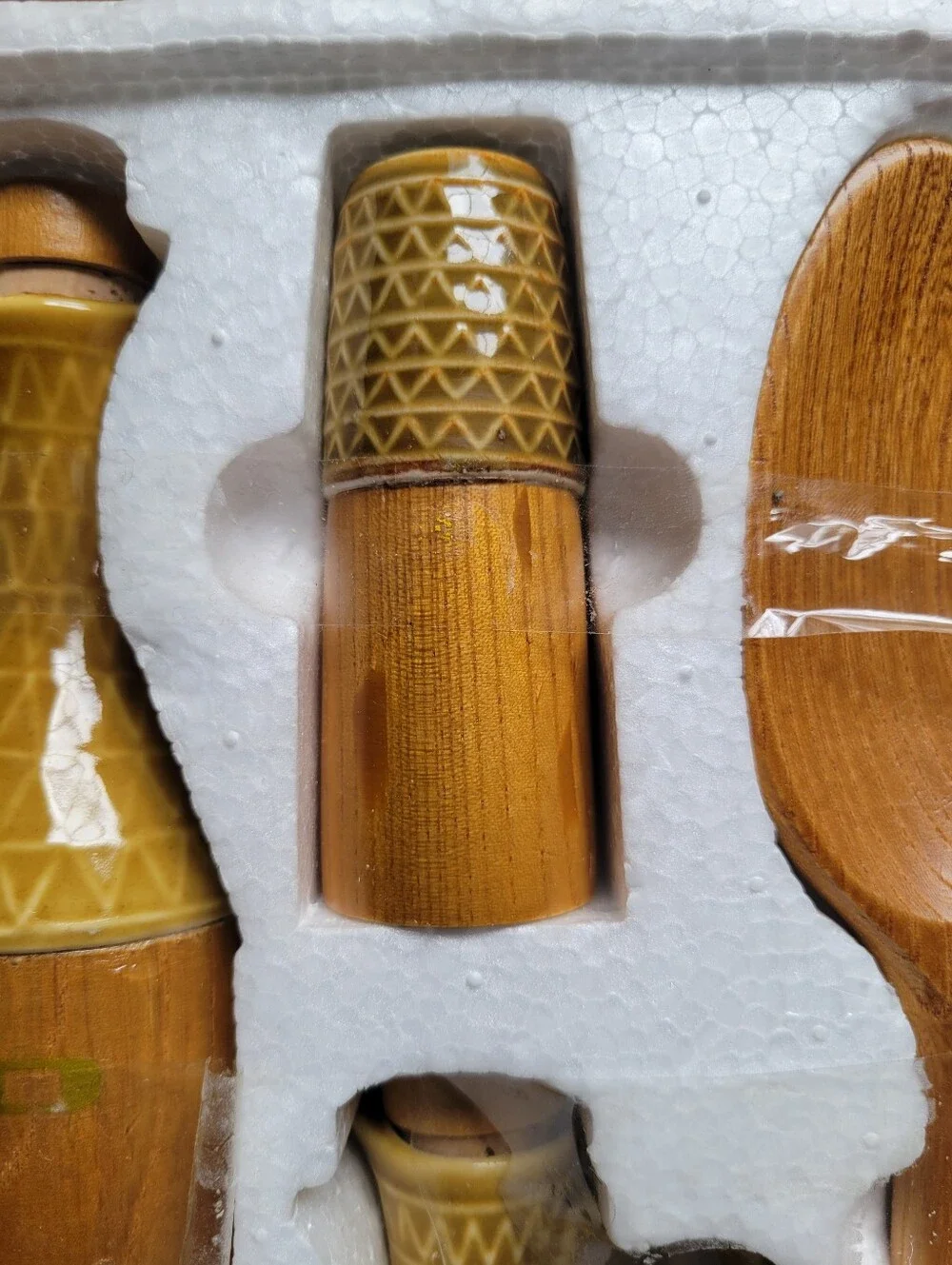Vtg House of Fisher 6pc Salad Condiment Set MCM Wood Ceramic Japan In Styrofoam